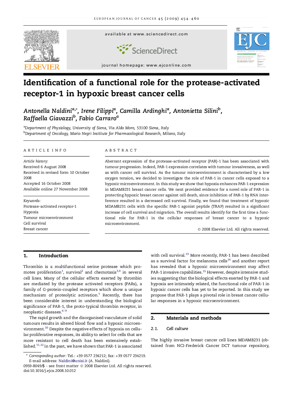 Identification of a functional role for the protease-activated receptor-1 in hypoxic breast cancer cells