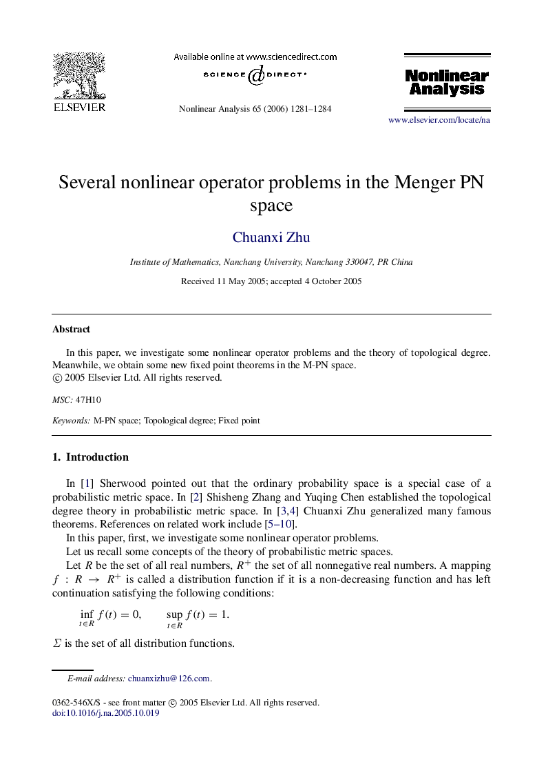 Several nonlinear operator problems in the Menger PN space