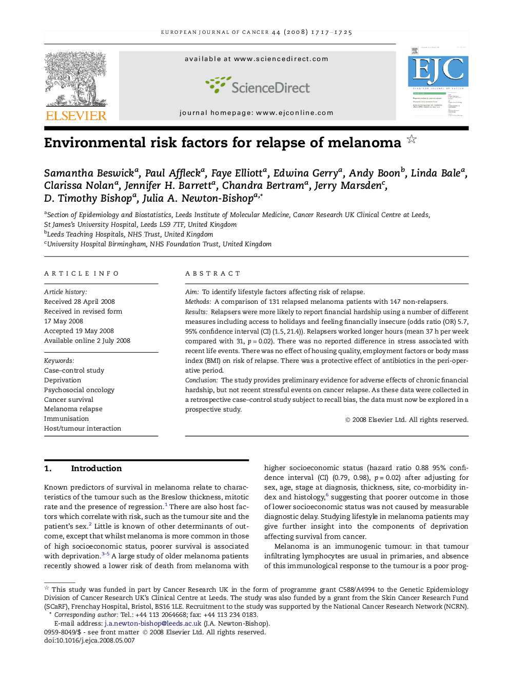 Environmental risk factors for relapse of melanoma