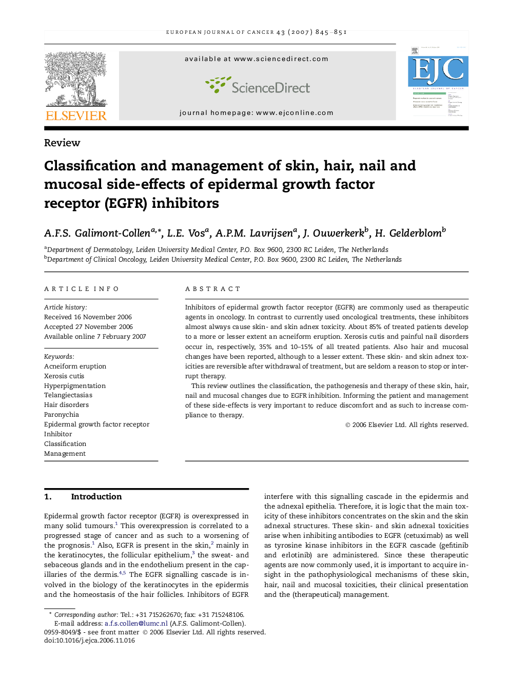 Classification and management of skin, hair, nail and mucosal side-effects of epidermal growth factor receptor (EGFR) inhibitors