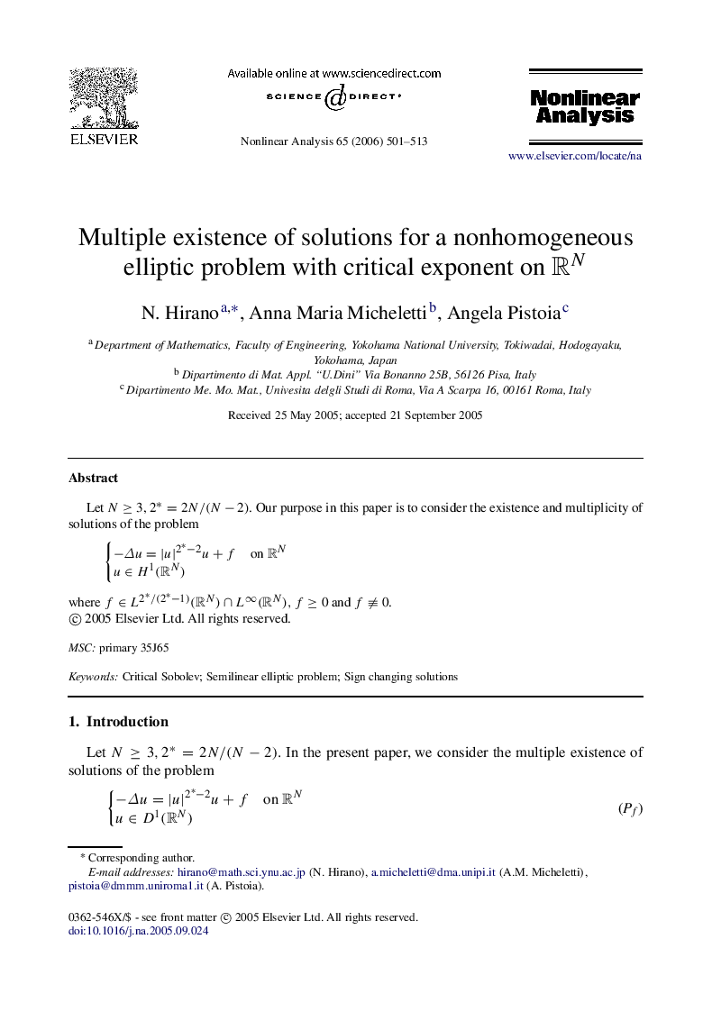 Multiple existence of solutions for a nonhomogeneous elliptic problem with critical exponent on RNRN