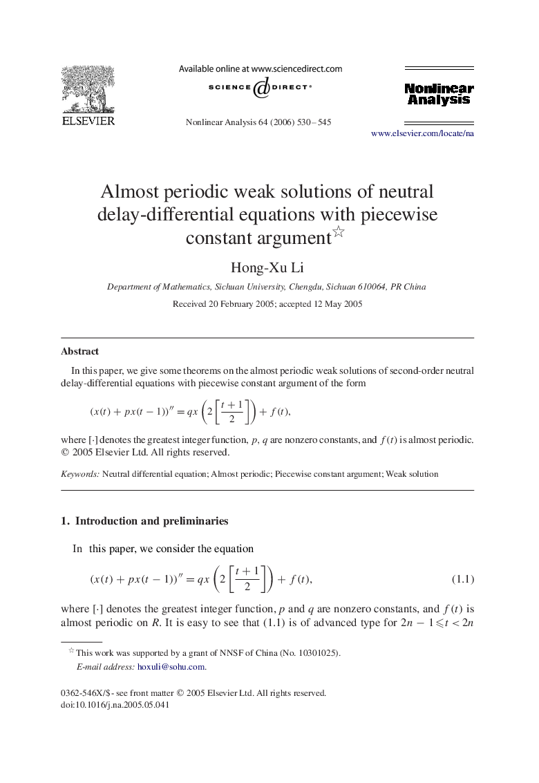 Almost periodic weak solutions of neutral delay-differential equations with piecewise constant argument 