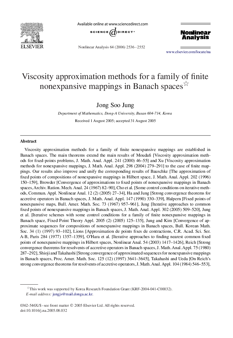 عکس صفحه اول مقاله: Viscosity approximation methods for a family of finite nonexpansive mappings in Banach spaces Viscosity approximation methods for a family of finite nonexpansive mappings in Banach spaces
