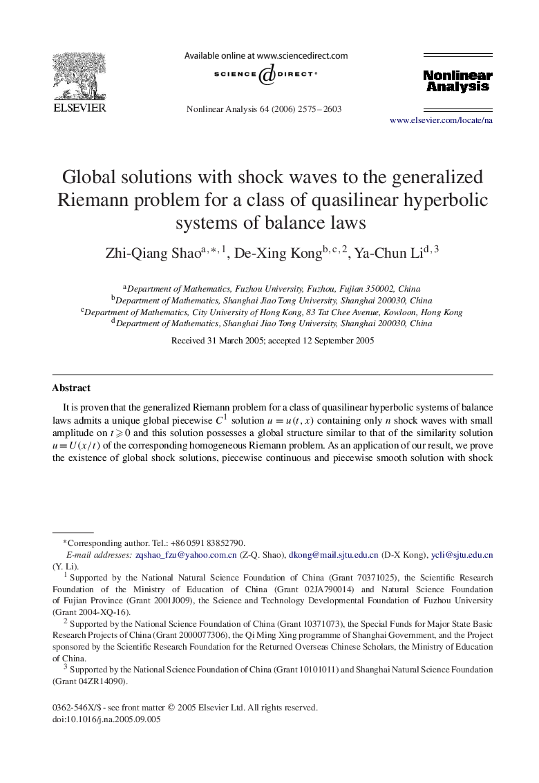 Global solutions with shock waves to the generalized Riemann problem for a class of quasilinear hyperbolic systems of balance laws