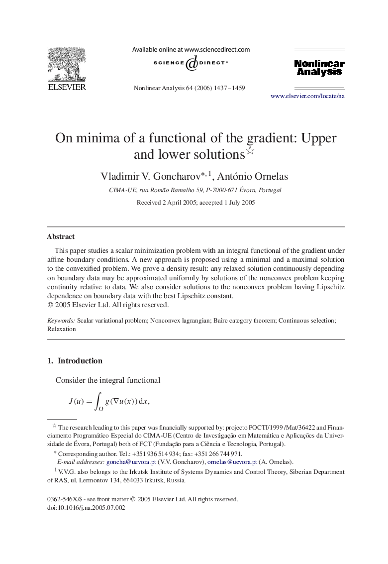 On minima of a functional of the gradient: Upper and lower solutions 