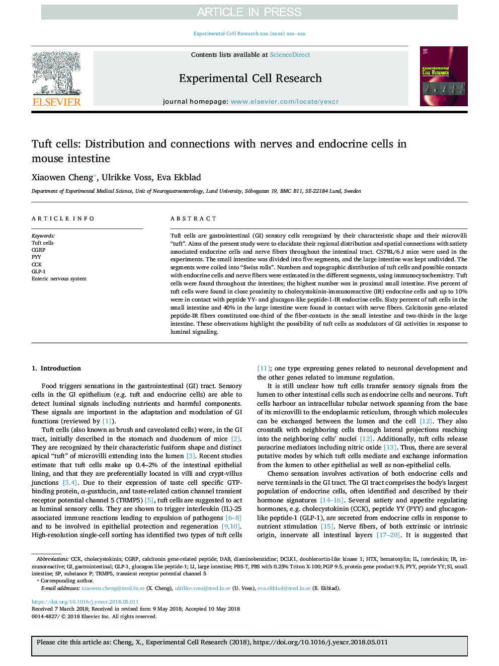 Tuft cells: Distribution and connections with nerves and endocrine cells in mouse intestine