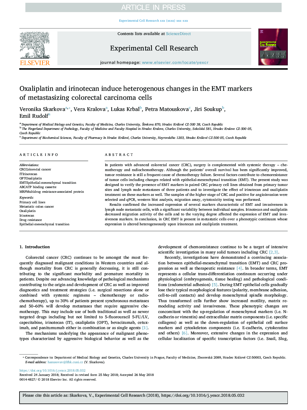 Oxaliplatin and irinotecan induce heterogenous changes in the EMT markers of metastasizing colorectal carcinoma cells