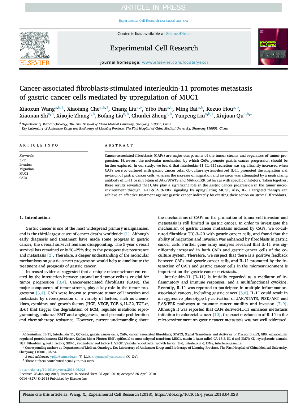 Cancer-associated fibroblasts-stimulated interleukin-11 promotes metastasis of gastric cancer cells mediated by upregulation of MUC1