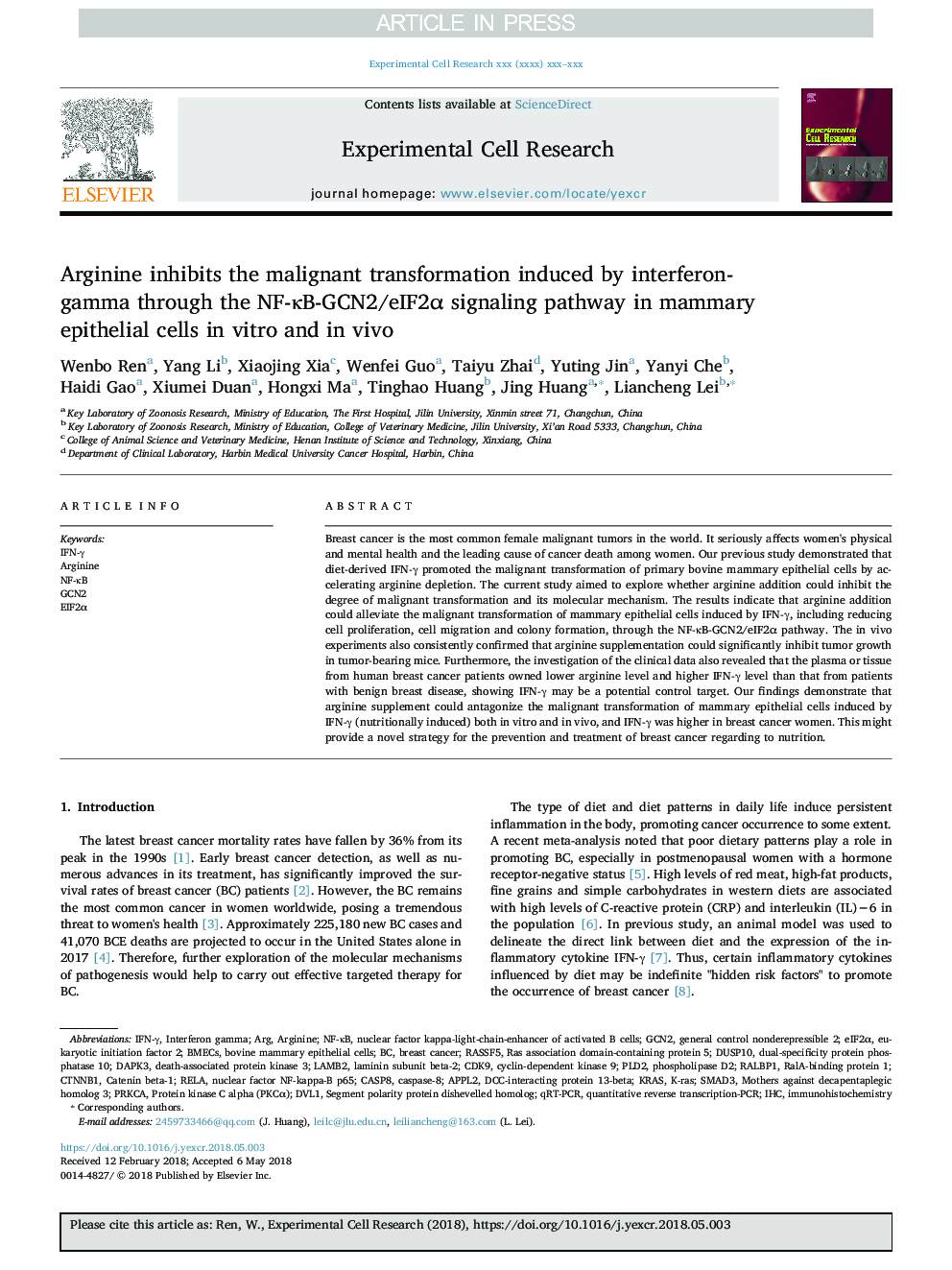 Arginine inhibits the malignant transformation induced by interferon-gamma through the NF-ÎºB-GCN2/eIF2Î± signaling pathway in mammary epithelial cells in vitro and in vivo