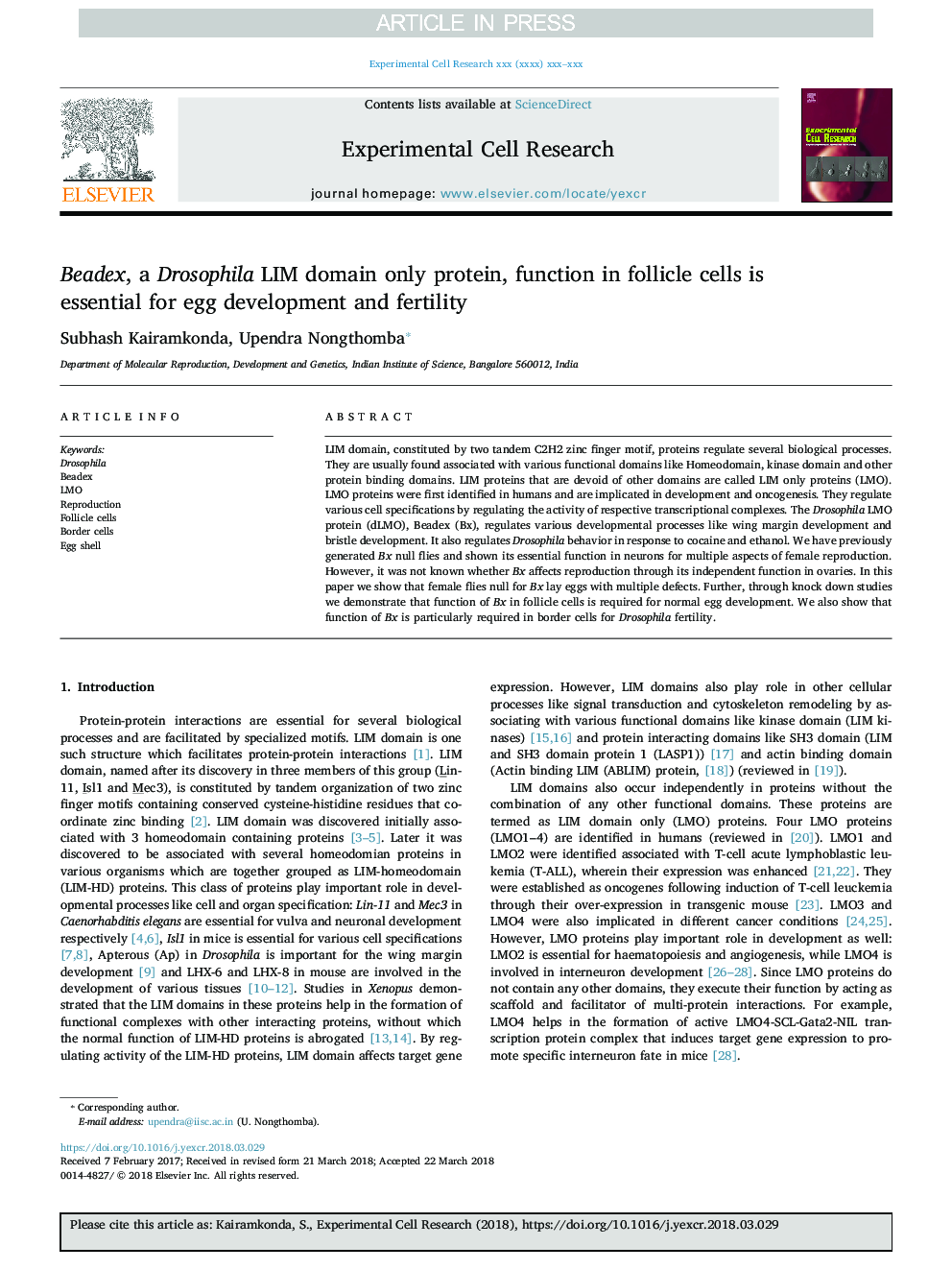 Beadex, a Drosophila LIM domain only protein, function in follicle cells is essential for egg development and fertility