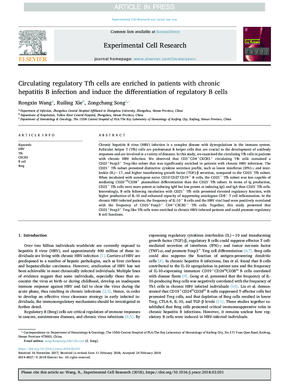 Circulating regulatory Tfh cells are enriched in patients with chronic hepatitis B infection and induce the differentiation of regulatory B cells