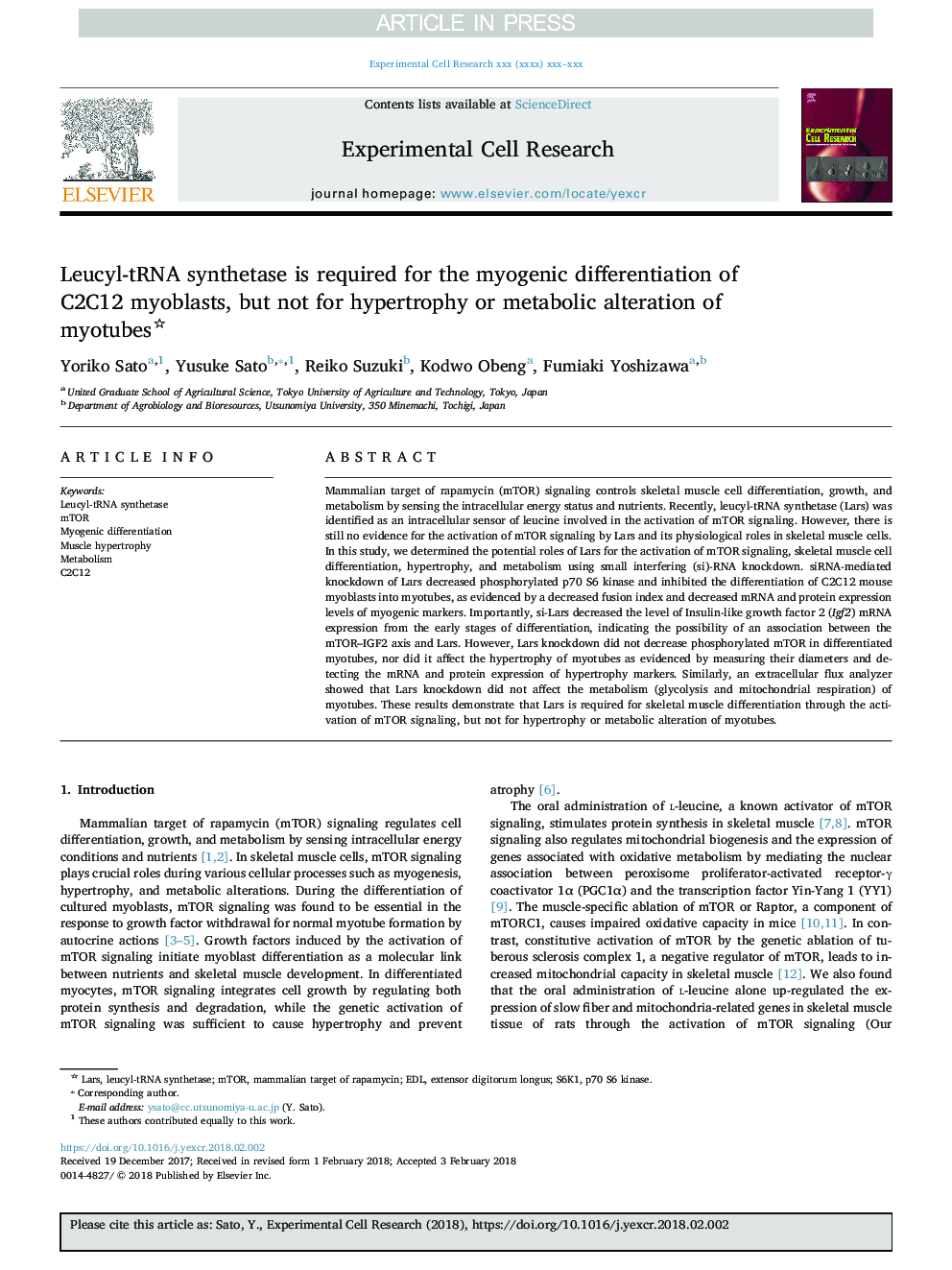 Leucyl-tRNA synthetase is required for the myogenic differentiation of C2C12 myoblasts, but not for hypertrophy or metabolic alteration of myotubes