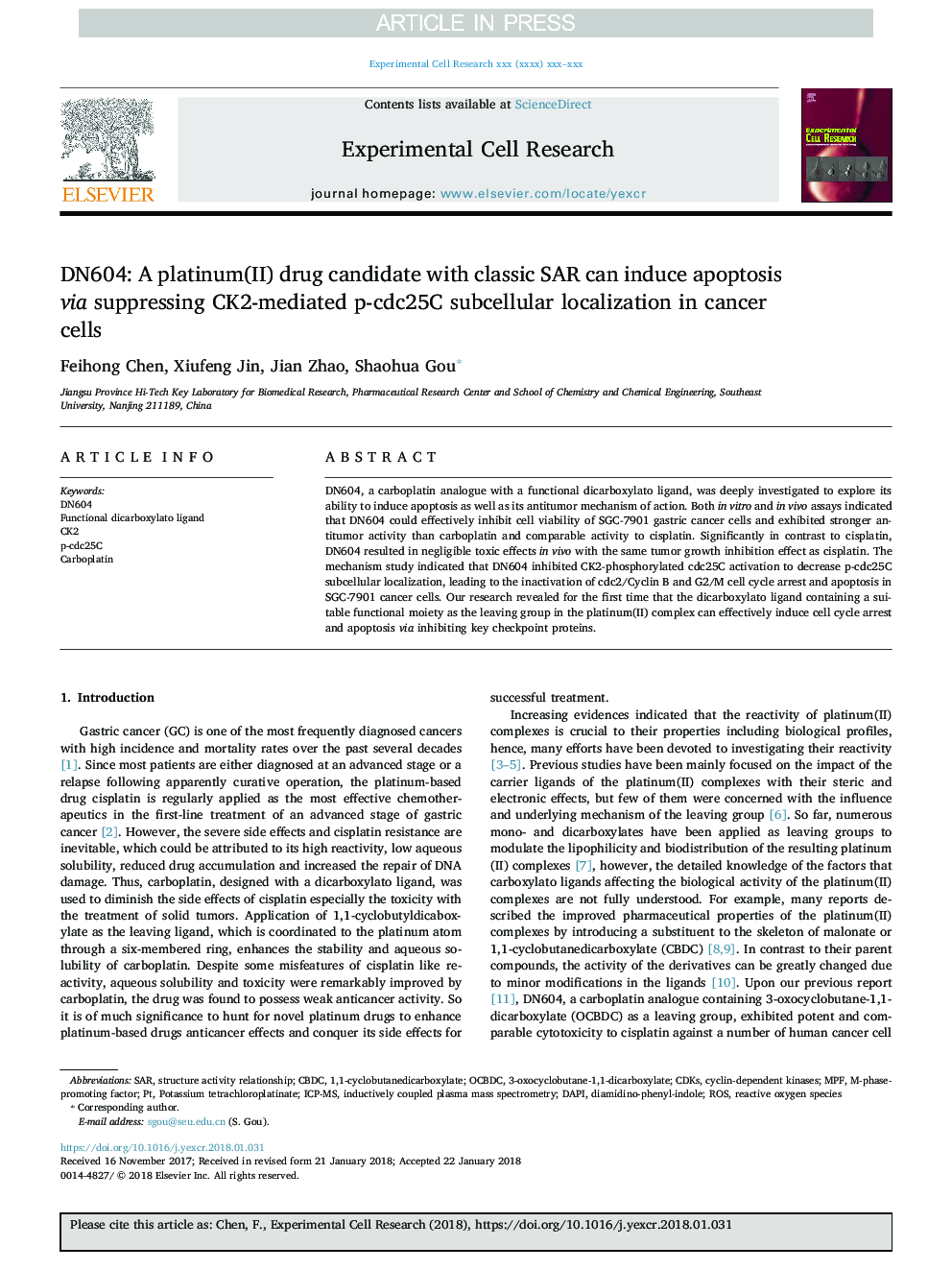 DN604: A platinum(II) drug candidate with classic SAR can induce apoptosis via suppressing CK2-mediated p-cdc25C subcellular localization in cancer cells