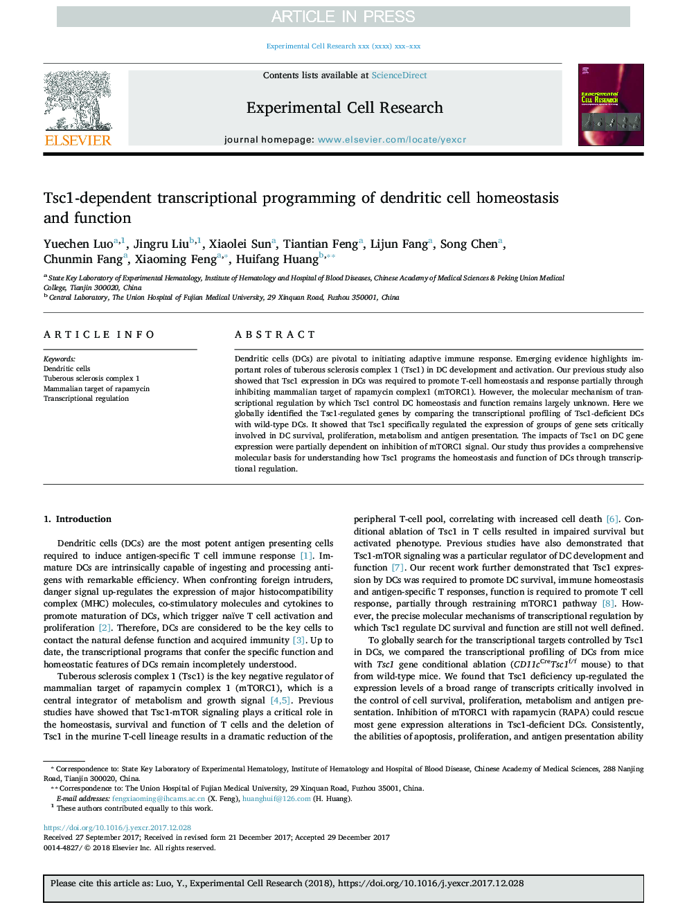 Tsc1-dependent transcriptional programming of dendritic cell homeostasis and function