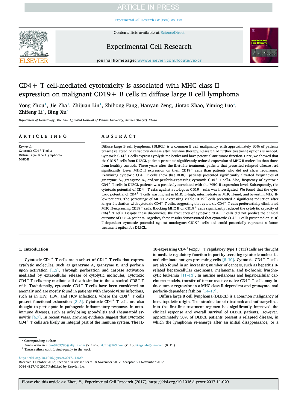 CD4+ T cell-mediated cytotoxicity is associated with MHC class II expression on malignant CD19+ B cells in diffuse large B cell lymphoma