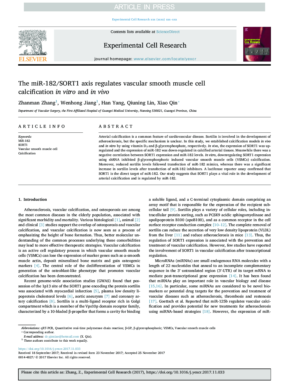 The miR-182/SORT1 axis regulates vascular smooth muscle cell calcification in vitro and in vivo