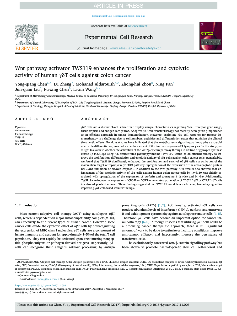 Wnt pathway activator TWS119 enhances the proliferation and cytolytic activity of human Î³Î´T cells against colon cancer