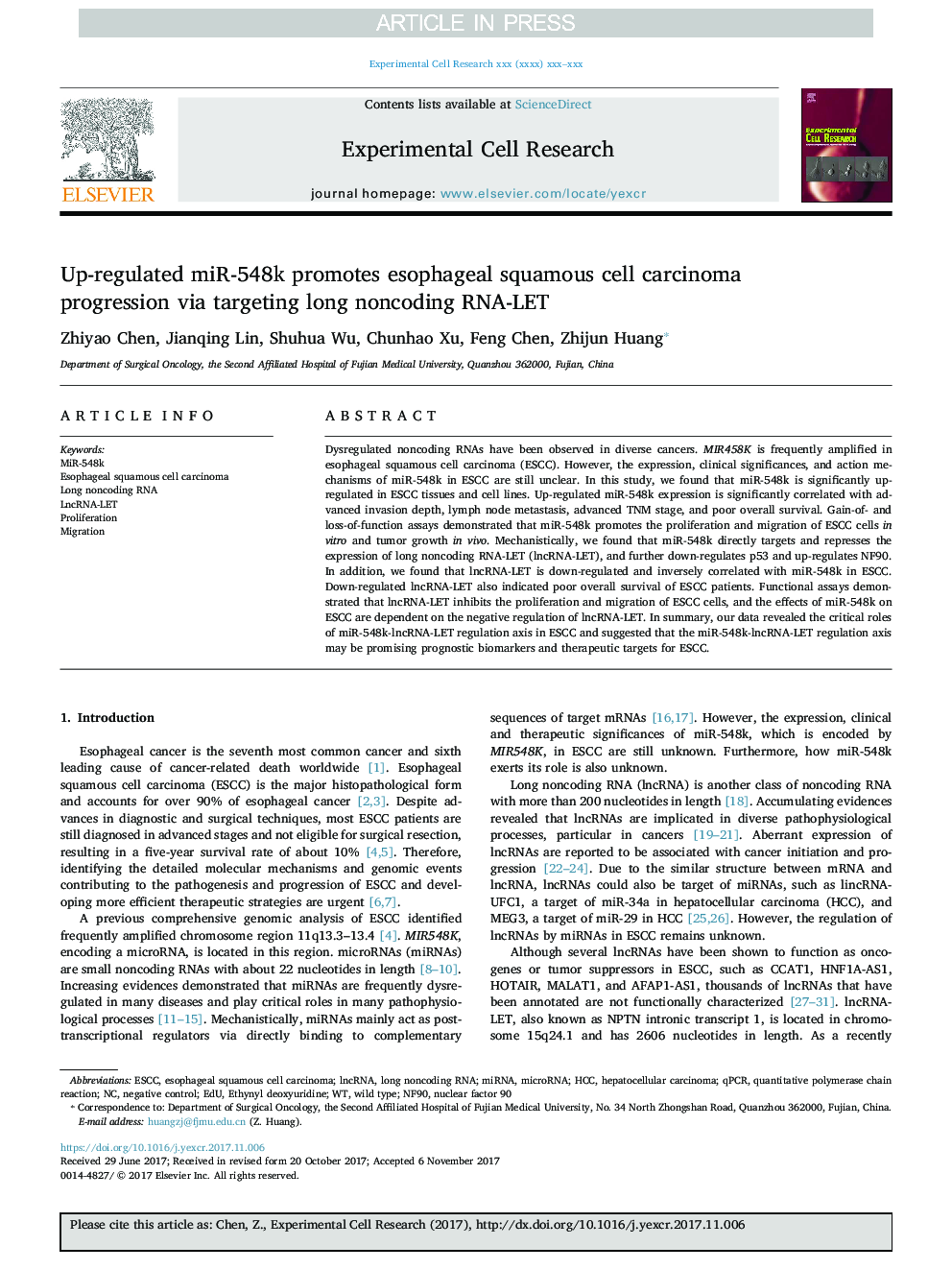 Up-regulated miR-548k promotes esophageal squamous cell carcinoma progression via targeting long noncoding RNA-LET