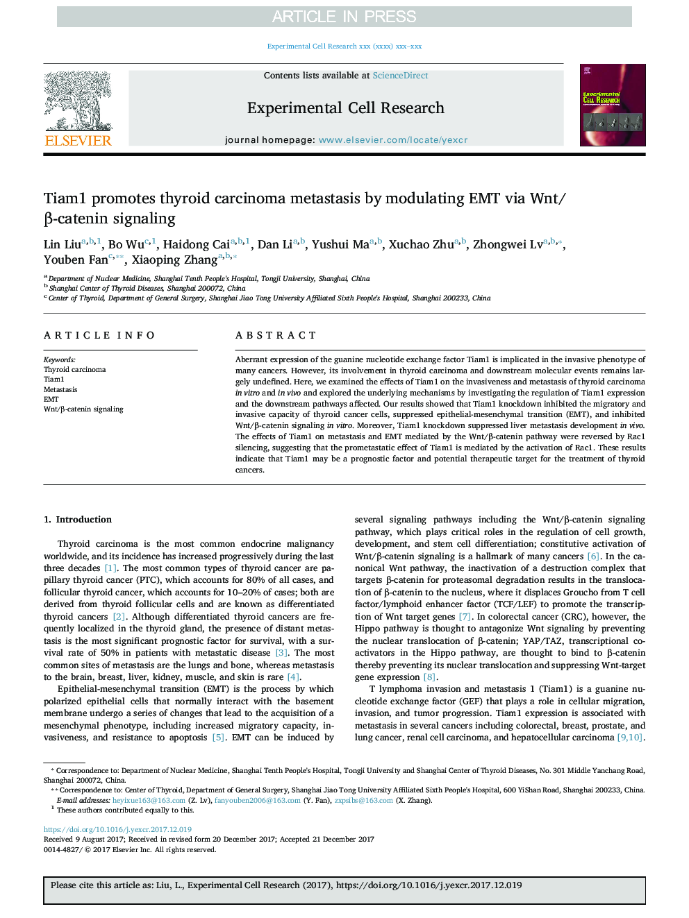 Tiam1 promotes thyroid carcinoma metastasis by modulating EMT via Wnt/Î²-catenin signaling