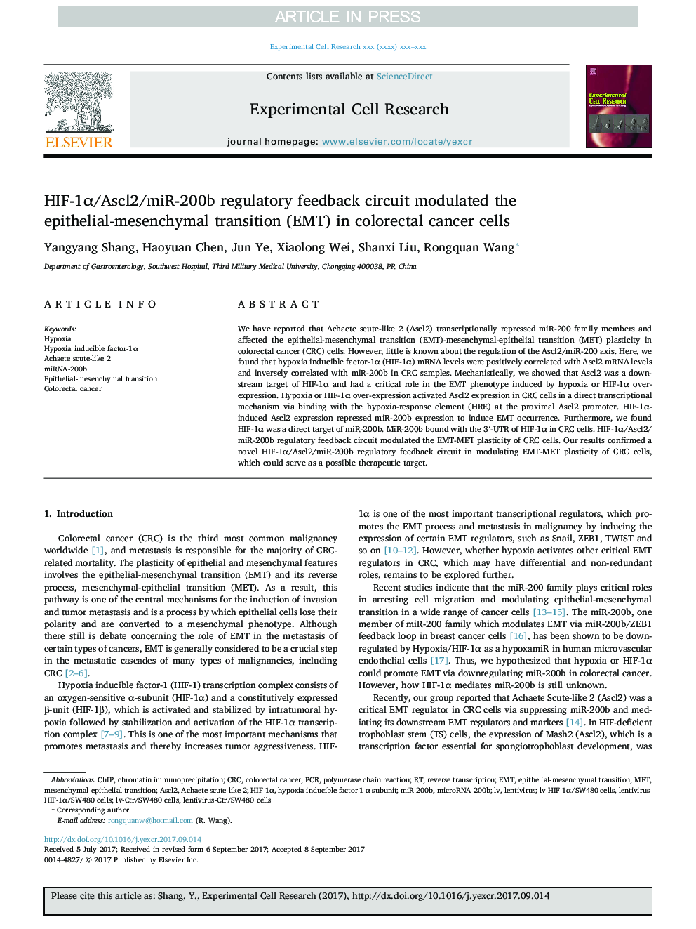 HIF-1Î±/Ascl2/miR-200b regulatory feedback circuit modulated the epithelial-mesenchymal transition (EMT) in colorectal cancer cells