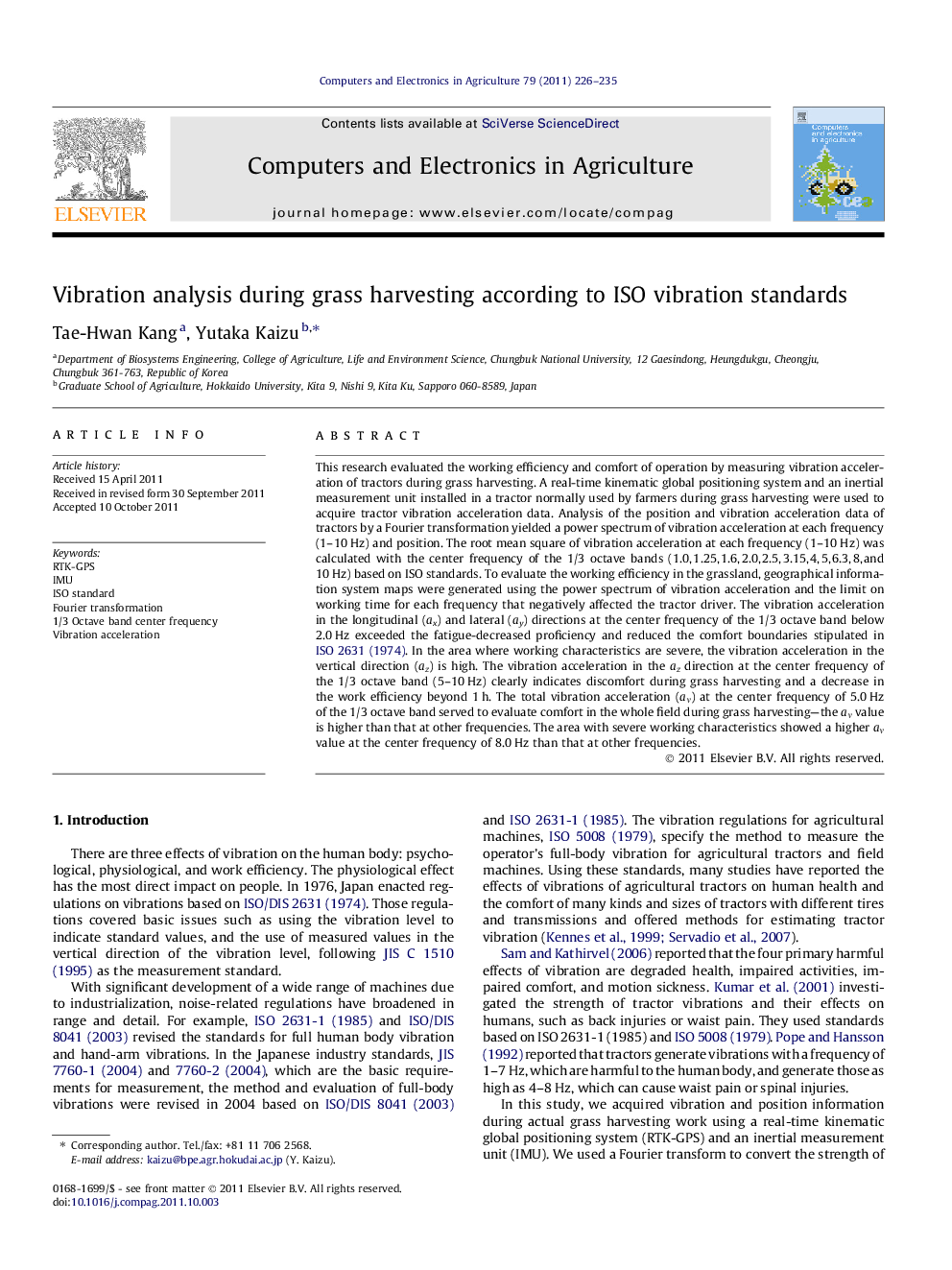 Vibration analysis during grass harvesting according to ISO vibration standards