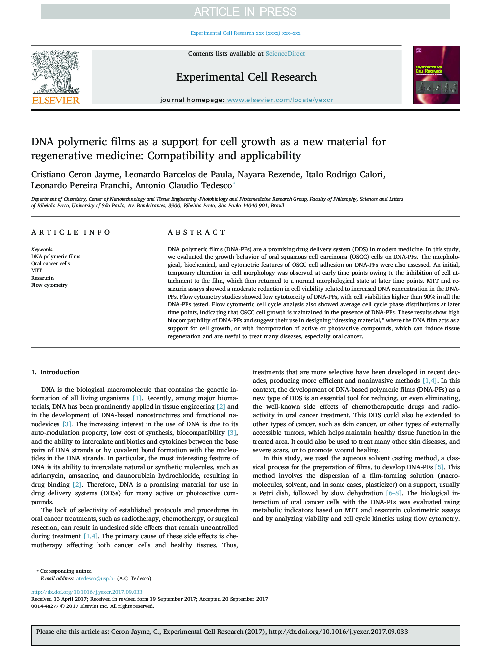 DNA polymeric films as a support for cell growth as a new material for regenerative medicine: Compatibility and applicability