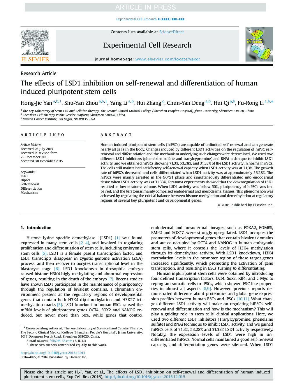 The effects of LSD1 inhibition on self-renewal and differentiation of human induced pluripotent stem cells