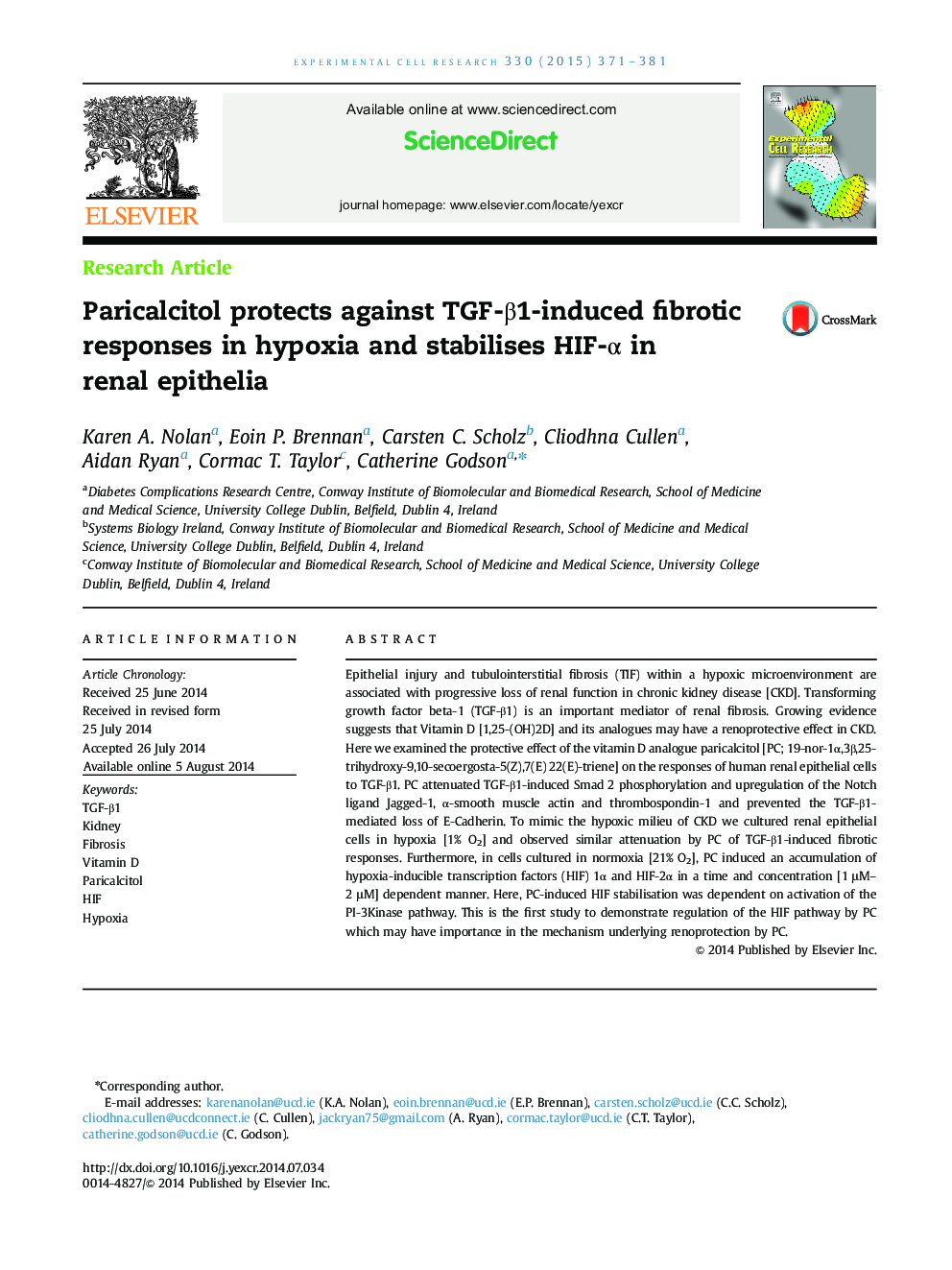 Paricalcitol protects against TGF-Î²1-induced fibrotic responses in hypoxia and stabilises HIF-Î± in renal epithelia