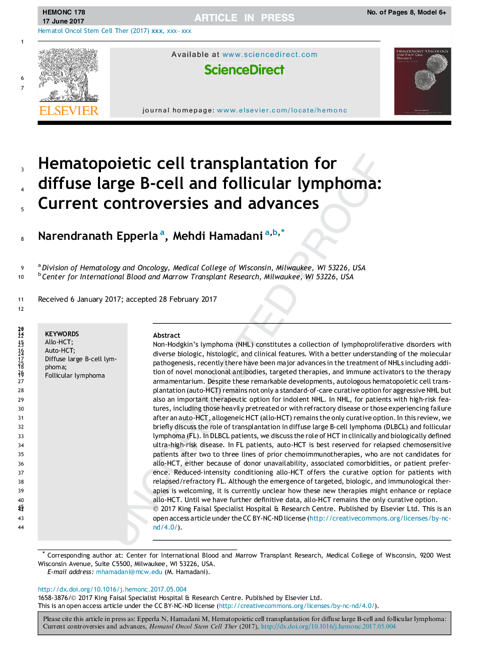 Hematopoietic cell transplantation for diffuse large B-cell and follicular lymphoma: Current controversies and advances