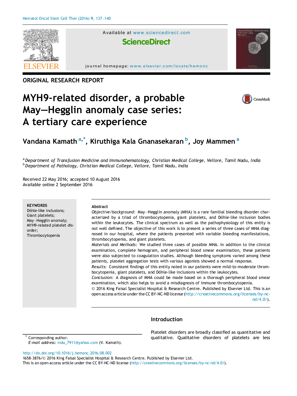 MYH9-related disorder, a probable May-Hegglin anomaly case series: A tertiary care experience