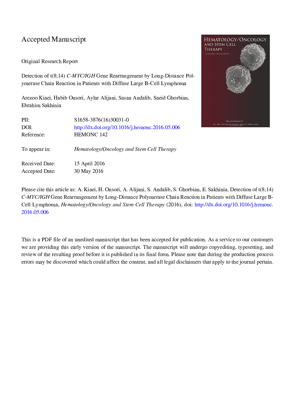 Detection of t(8;14) c-myc/IgH gene rearrangement by long-distance polymerase chain reaction in patients with diffuse large B-cell lymphoma