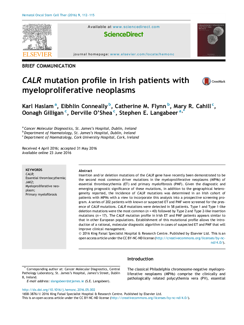 CALR mutation profile in Irish patients with myeloproliferative neoplasms