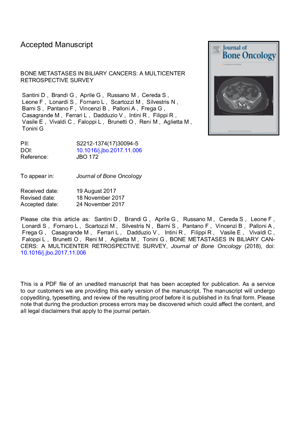 Bone metastases in biliary cancers: A multicenter retrospective survey