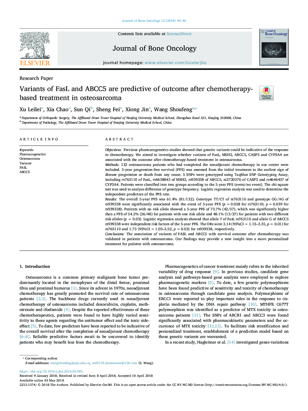 Variants of FasL and ABCC5 are predictive of outcome after chemotherapy-based treatment in osteosarcoma