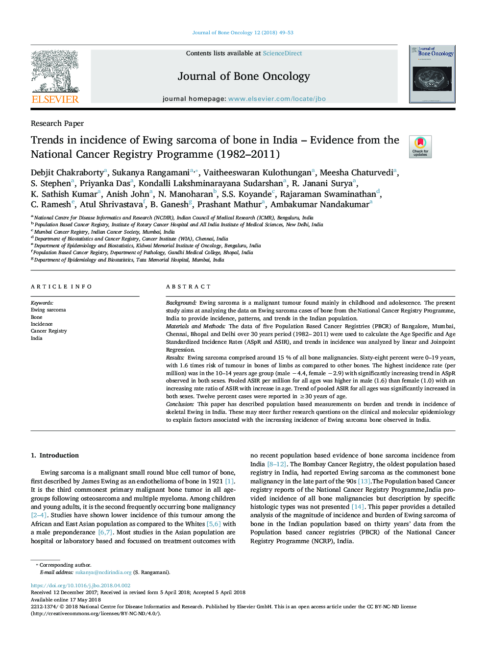 Trends in incidence of Ewing sarcoma of bone in India - Evidence from the National Cancer Registry Programme (1982-2011)