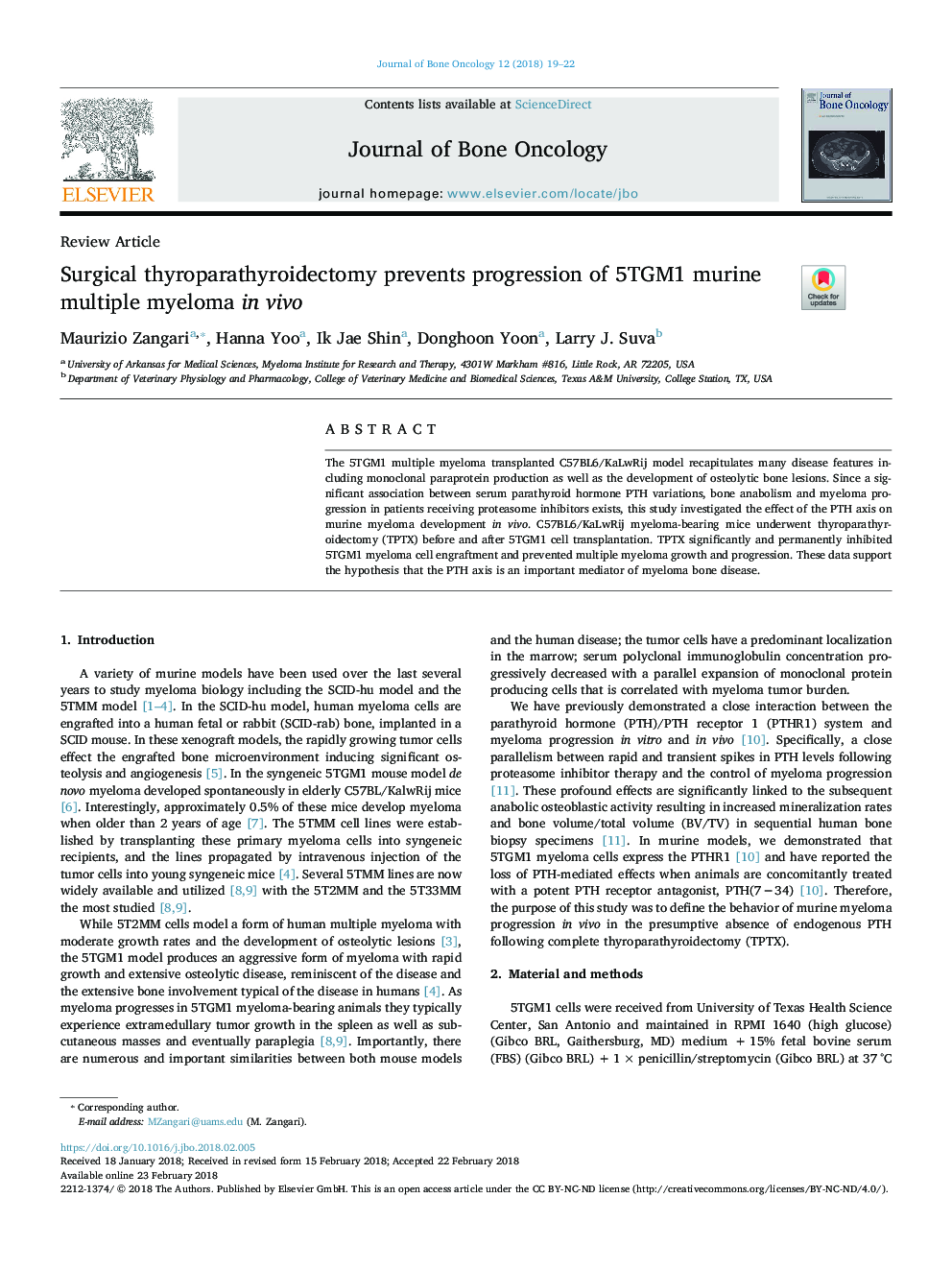 Surgical thyroparathyroidectomy prevents progression of 5TGM1 murine multiple myeloma in vivo