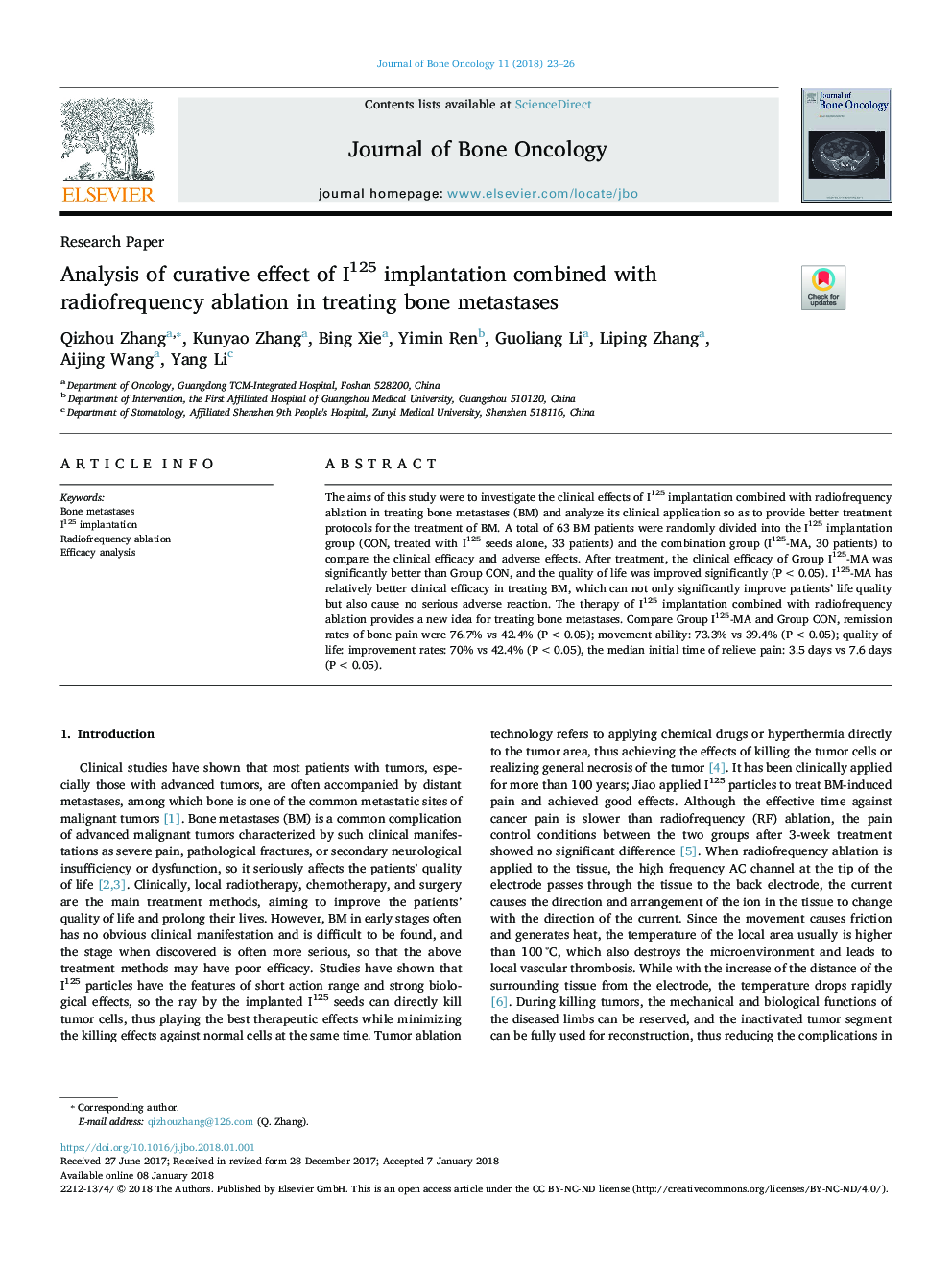 Analysis of curative effect of I125 implantation combined with radiofrequency ablation in treating bone metastases