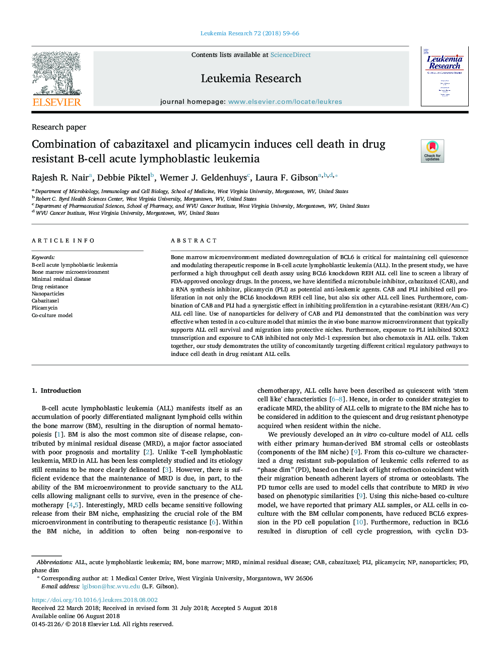 Combination of cabazitaxel and plicamycin induces cell death in drug resistant B-cell acute lymphoblastic leukemia