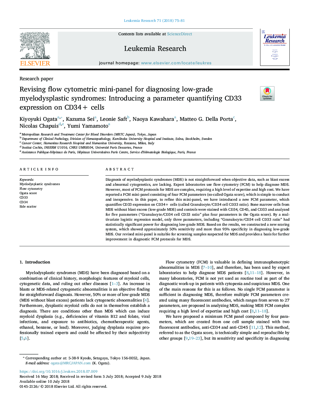 Revising flow cytometric mini-panel for diagnosing low-grade myelodysplastic syndromes: Introducing a parameter quantifying CD33 expression on CD34+ cells
