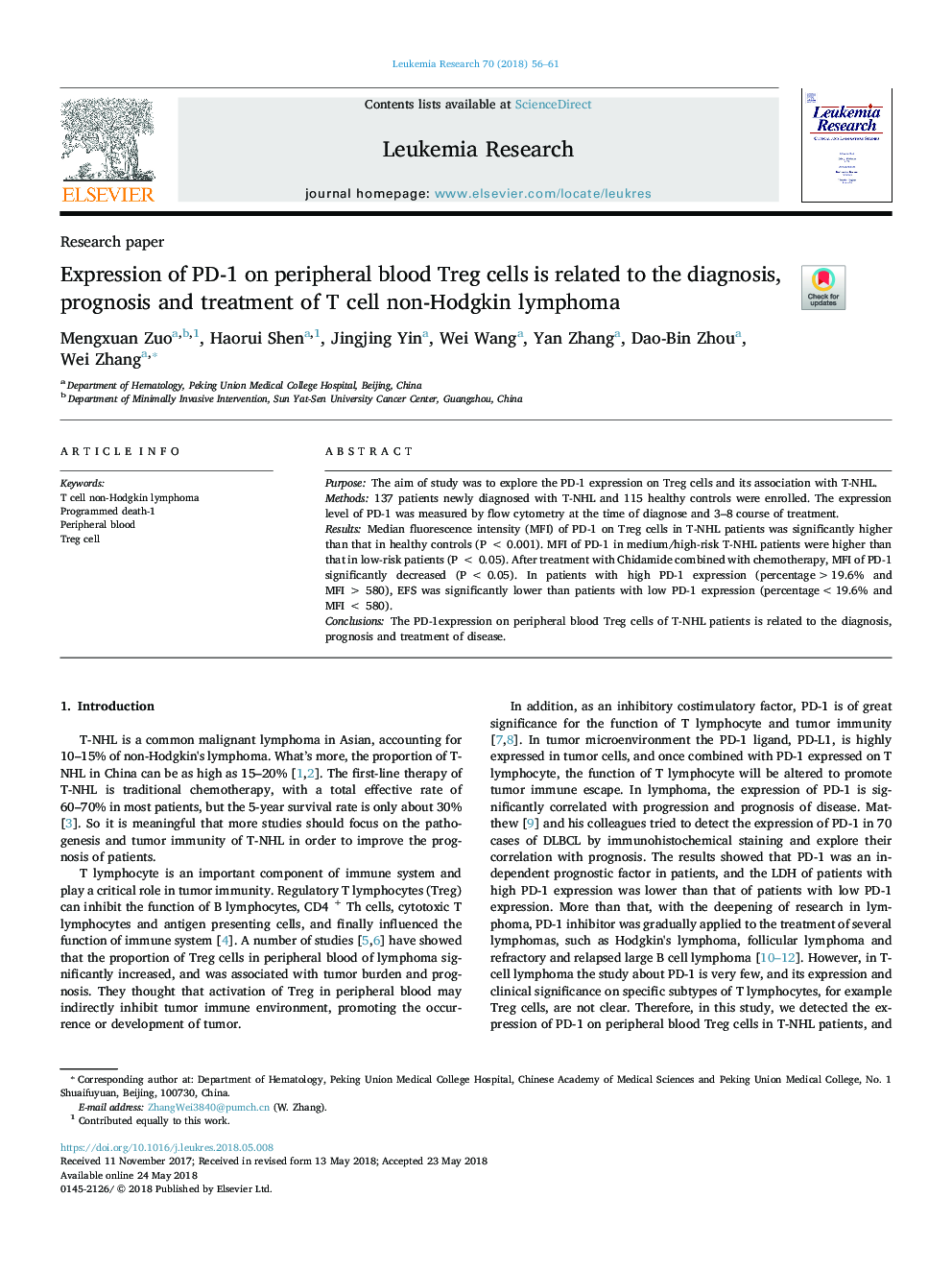 Expression of PD-1 on peripheral blood Treg cells is related to the diagnosis, prognosis and treatment of T cell non-Hodgkin lymphoma