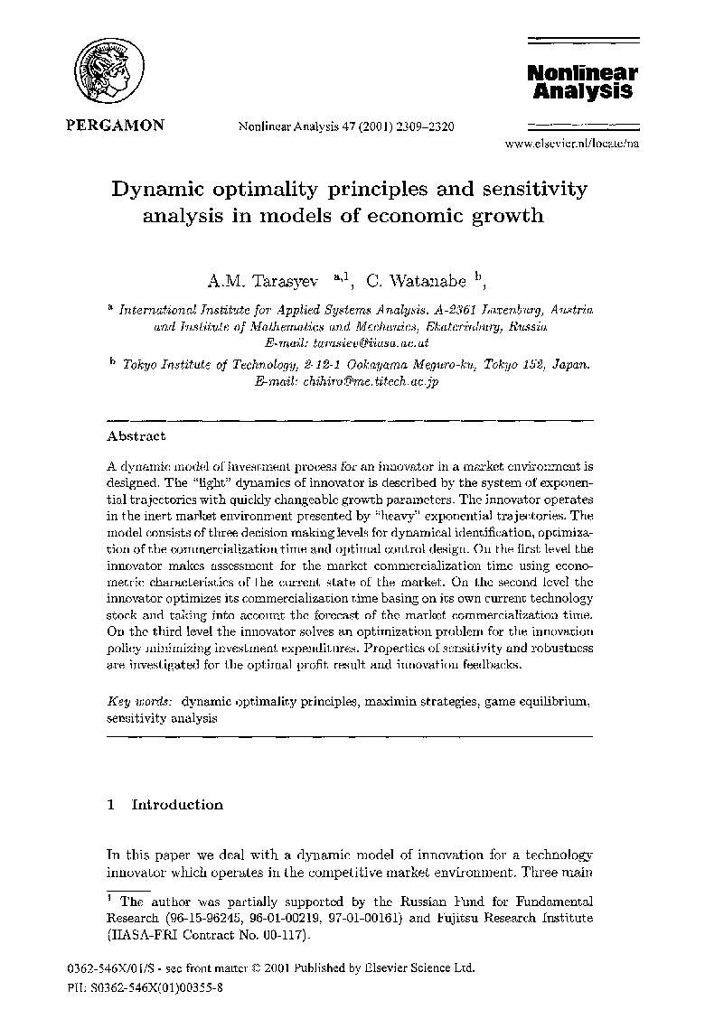 Dynamic optimality principles and sensitivity analysis in models of economic growth