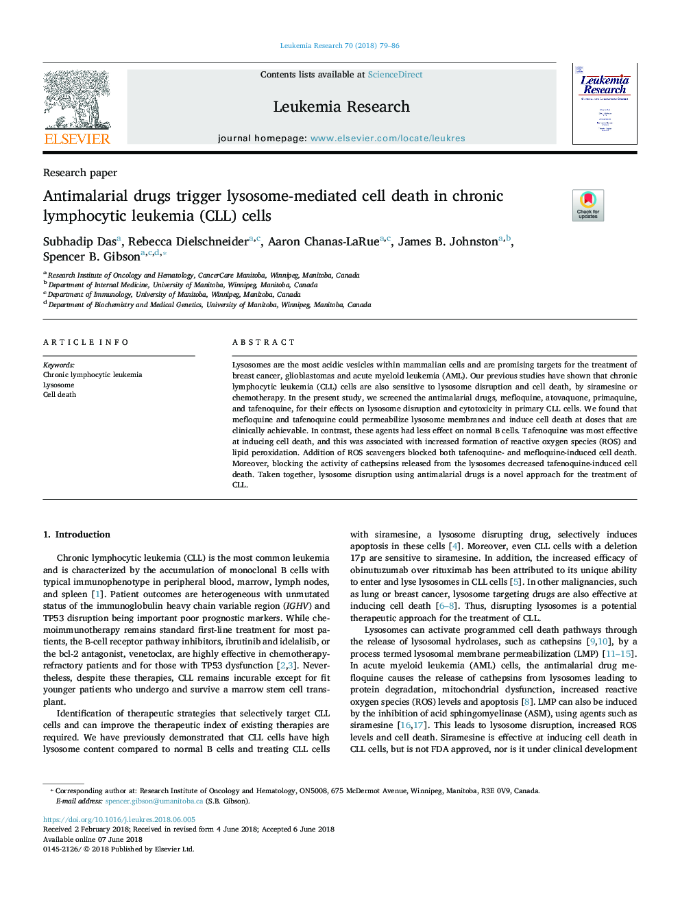 Antimalarial drugs trigger lysosome-mediated cell death in chronic lymphocytic leukemia (CLL) cells