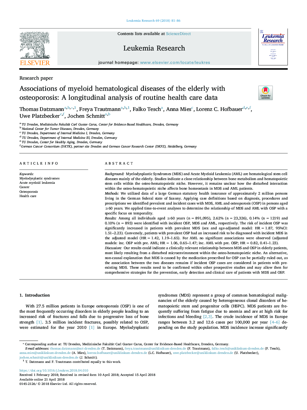 Associations of myeloid hematological diseases of the elderly with osteoporosis: A longitudinal analysis of routine health care data