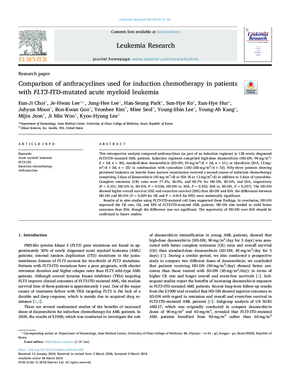 Comparison of anthracyclines used for induction chemotherapy in patients with FLT3-ITD-mutated acute myeloid leukemia