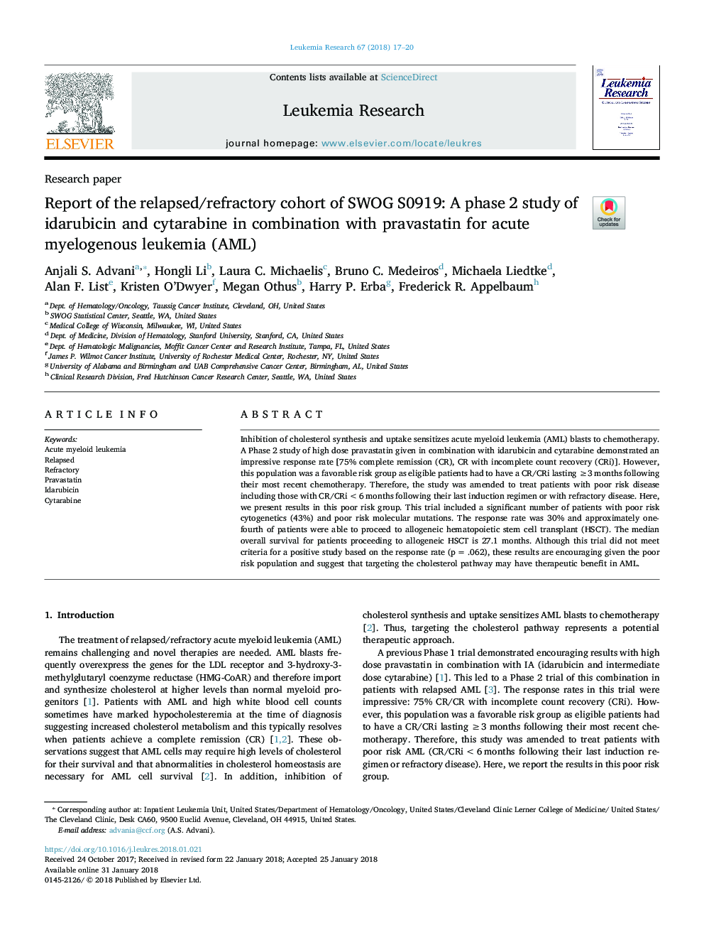 Report of the relapsed/refractory cohort of SWOG S0919: A phase 2 study of idarubicin and cytarabine in combination with pravastatin for acute myelogenous leukemia (AML)