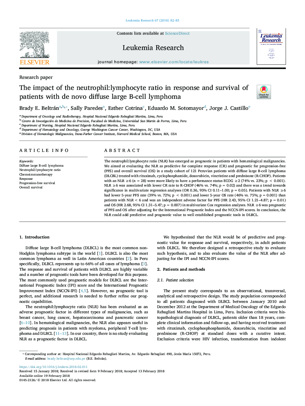 The impact of the neutrophil:lymphocyte ratio in response and survival of patients with de novo diffuse large B-cell lymphoma