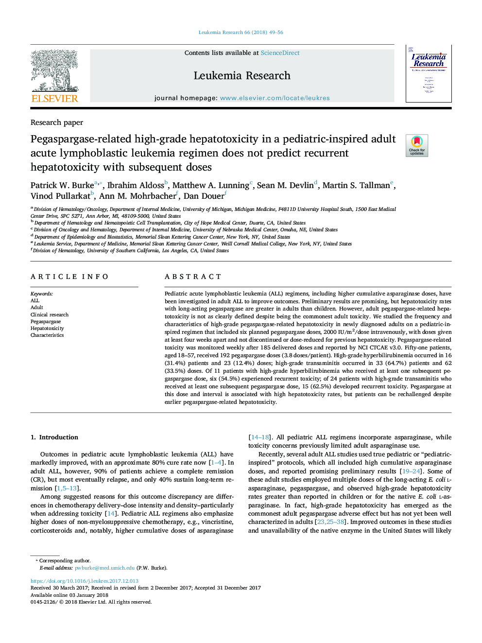 Pegaspargase-related high-grade hepatotoxicity in a pediatric-inspired adult acute lymphoblastic leukemia regimen does not predict recurrent hepatotoxicity with subsequent doses