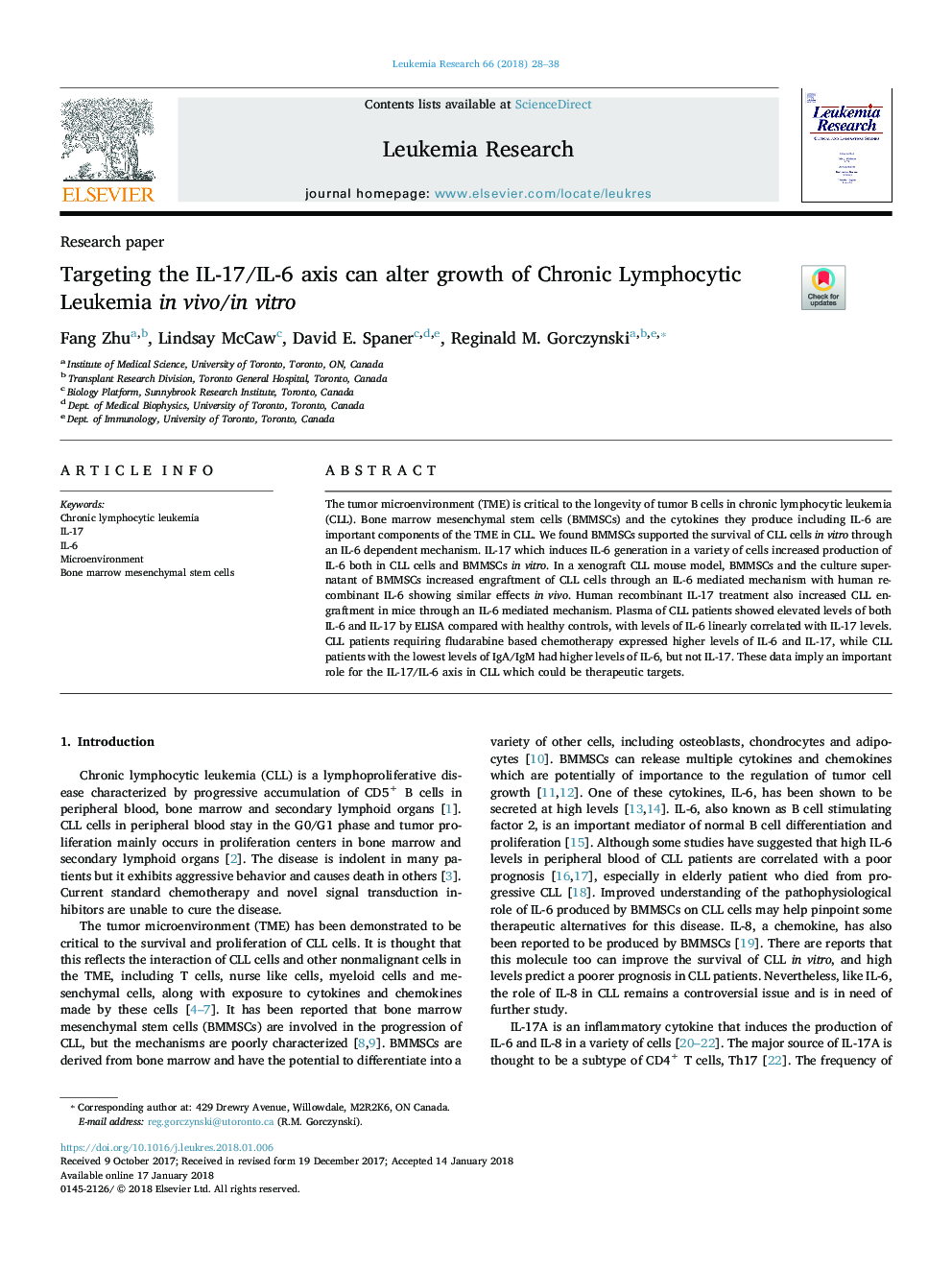 Targeting the IL-17/IL-6 axis can alter growth of Chronic Lymphocytic Leukemia in vivo/in vitro