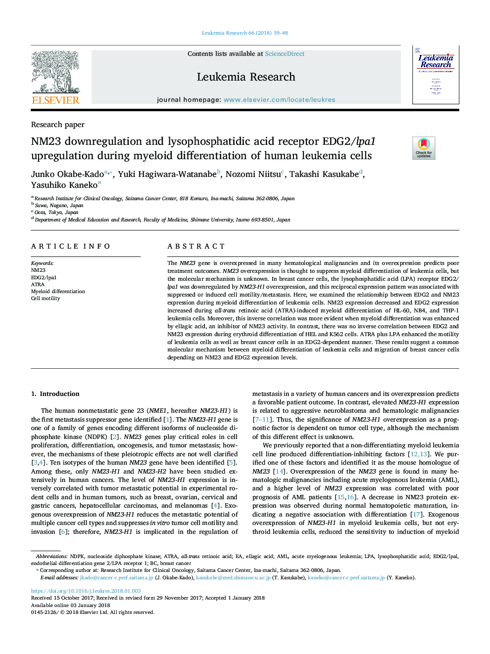 NM23 downregulation and lysophosphatidic acid receptor EDG2/lpa1 upregulation during myeloid differentiation of human leukemia cells
