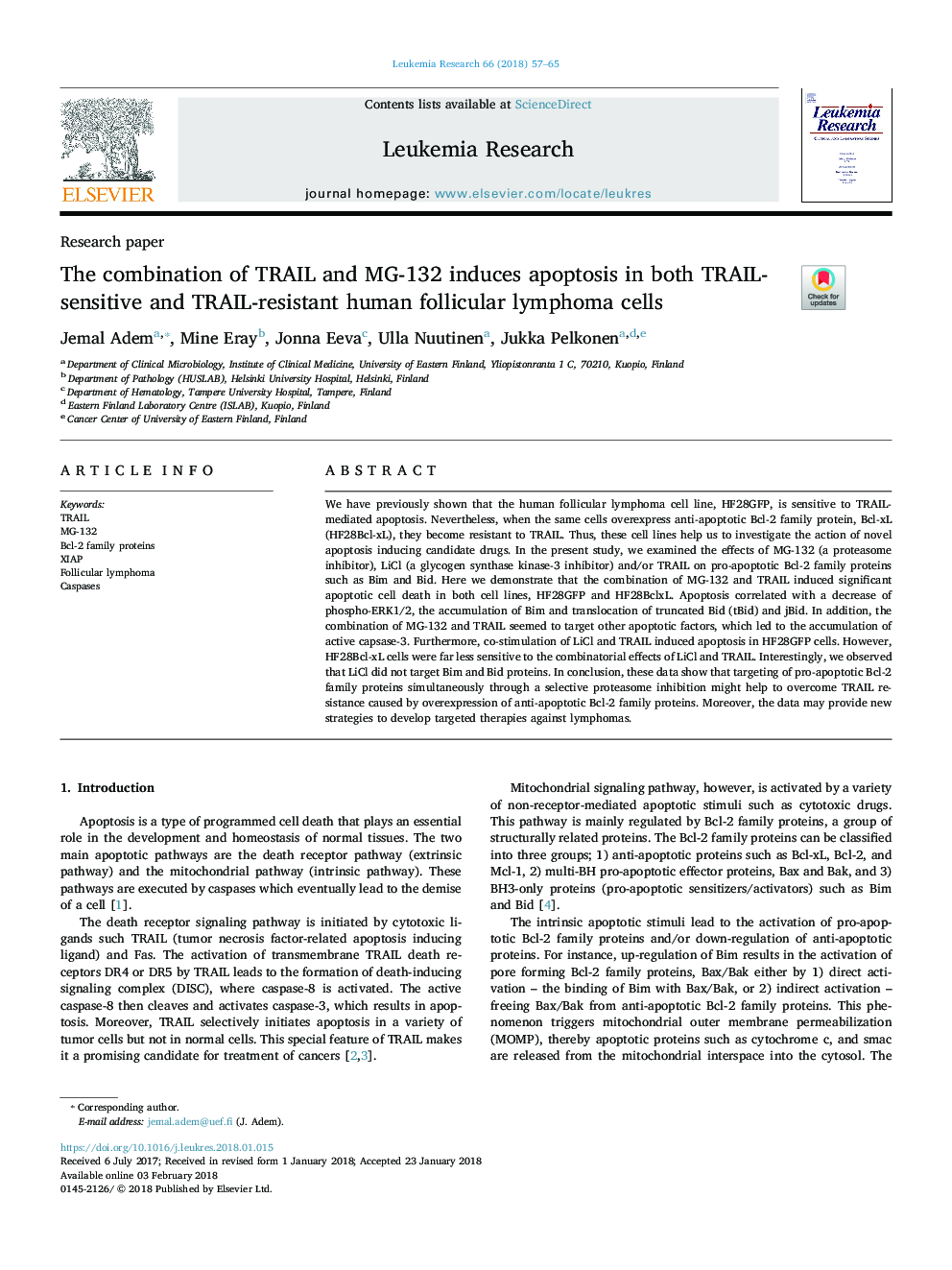 The combination of TRAIL and MG-132 induces apoptosis in both TRAIL-sensitive and TRAIL-resistant human follicular lymphoma cells